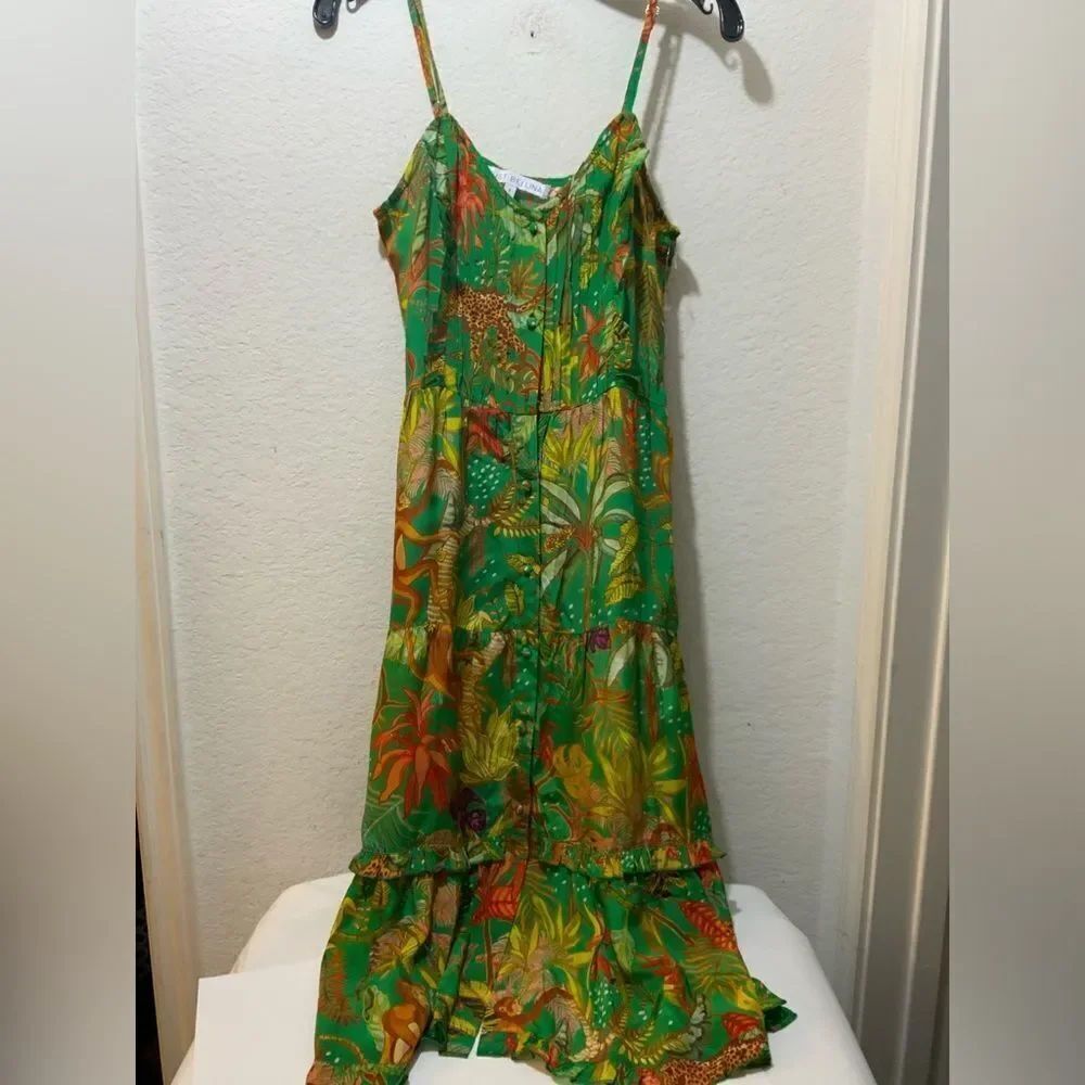 Just Bellini  green tropical monkey/leopard  print ruffled tiered midi dress.S